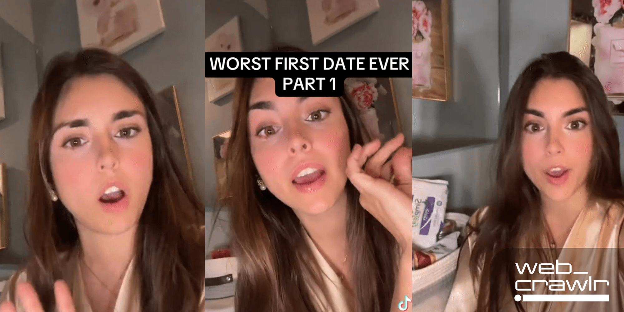 Three screenshots of a woman talking to the camera. There is text that says 'Worst First Date Ever." The Daily Dot newsletter web_crawlr logo is in the bottom right corner.