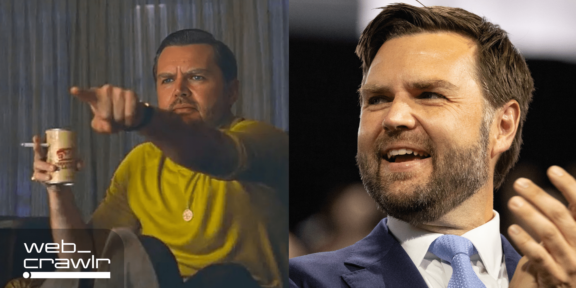 A meme of JD Vance next to JD Vance smiling. The Daily Dot newsletter web_crawlr logo is in the bottom left corner.