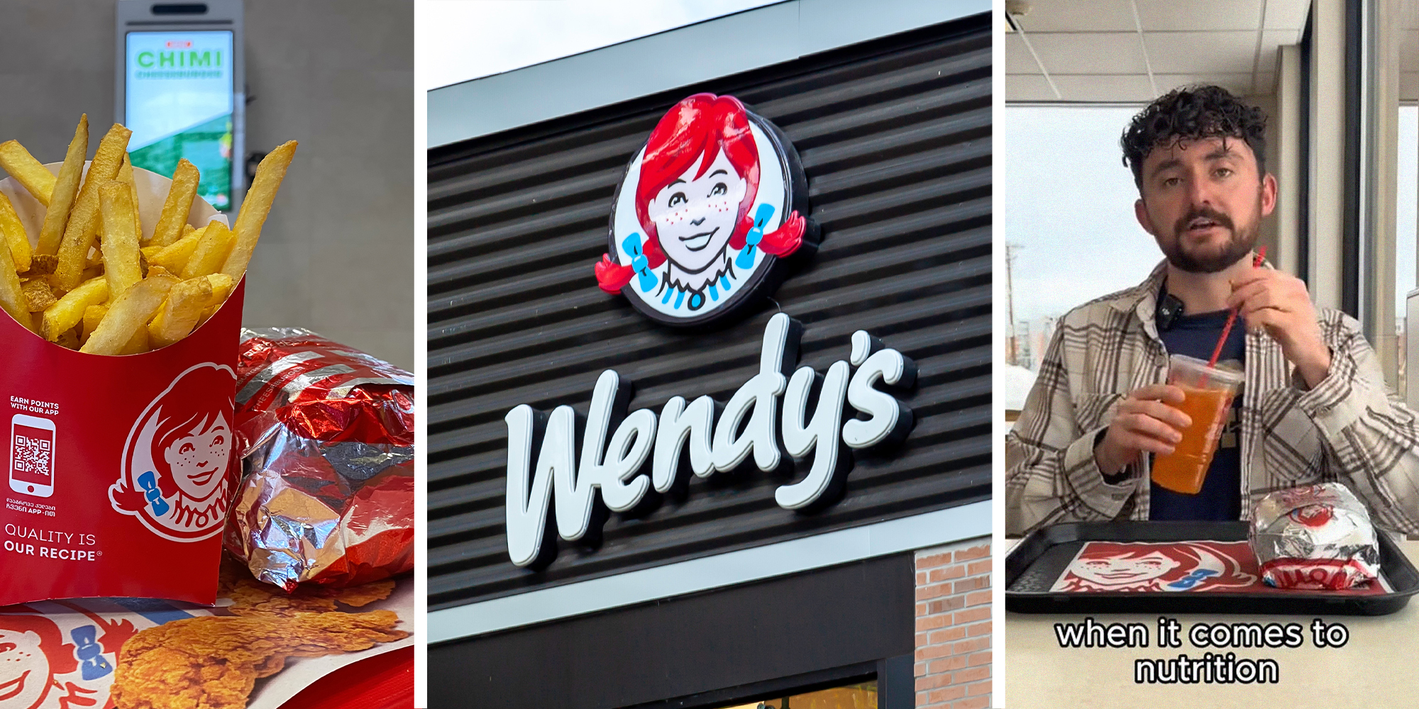 Wendy's Meal with fries and burger(l) Wendy's Logo on building(c) Man shares Wendy's nutrition benefit(r)