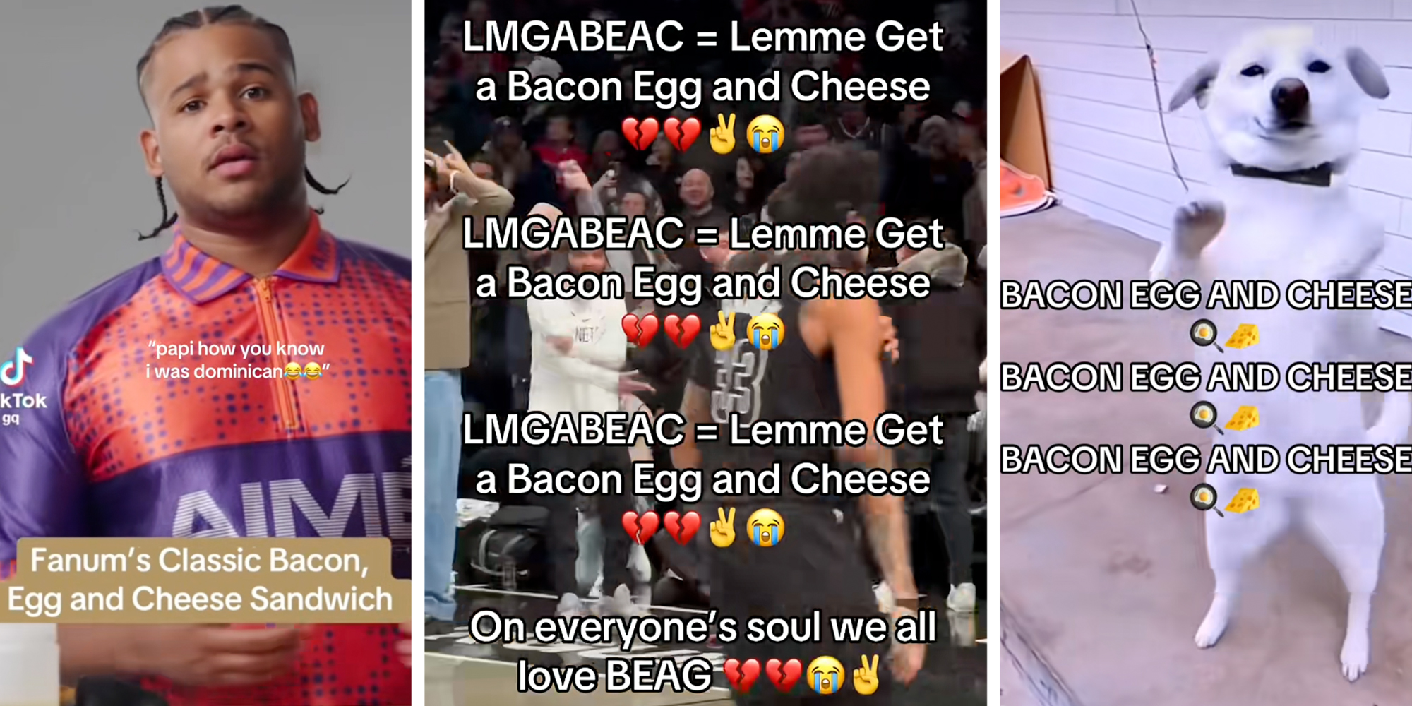 Man talking with text "fanum's classic bacon, egg and cheese sandwich"(l), Text "LMGABEAC = Lemme Get a bacon egg and cheese (x3) On everyone's soul we all love BEAG"(c), Dog dancing "Bacon egg and cheese"(x3)(r)