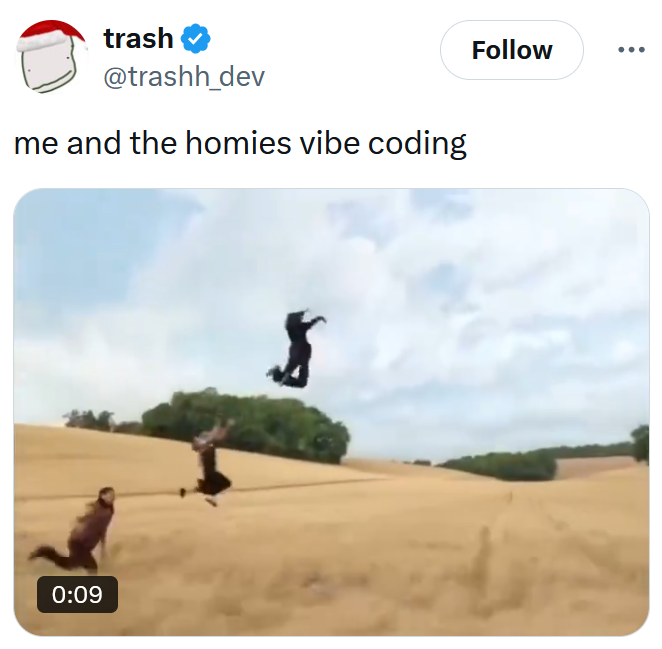 Meme with a video clip of people flying into the air over a field.