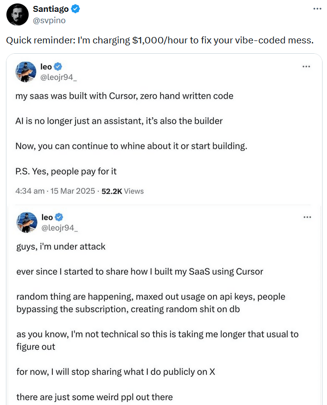 Vibe coding tweet with two screenshots of someone bragging about their coding and then complaining about all the problems they're having with it.