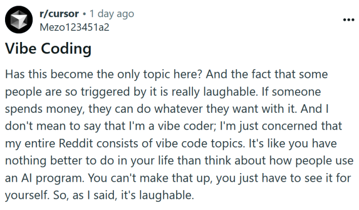 Reddit post titled "Vibe Coding" with body text reading "Has this become the only topic here? And the fact that some people are so triggered by it is really laughable. If someone spends money, they can do whatever they want with it. And I don't mean to say that I'm a vibe coder; I'm just concerned that my entire Reddit consists of vibe code topics. It's like you have nothing better to do in your life than think about how people use an AI program. You can't make that up, you just have to see it for yourself. So, as I said, it's laughable."