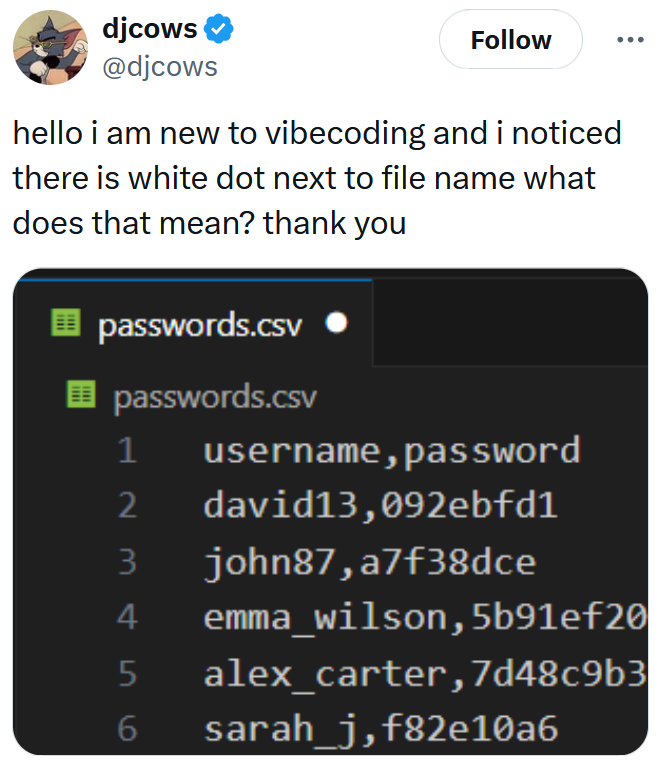 Meme about a white dot next to a file name titled "passwords.csv."