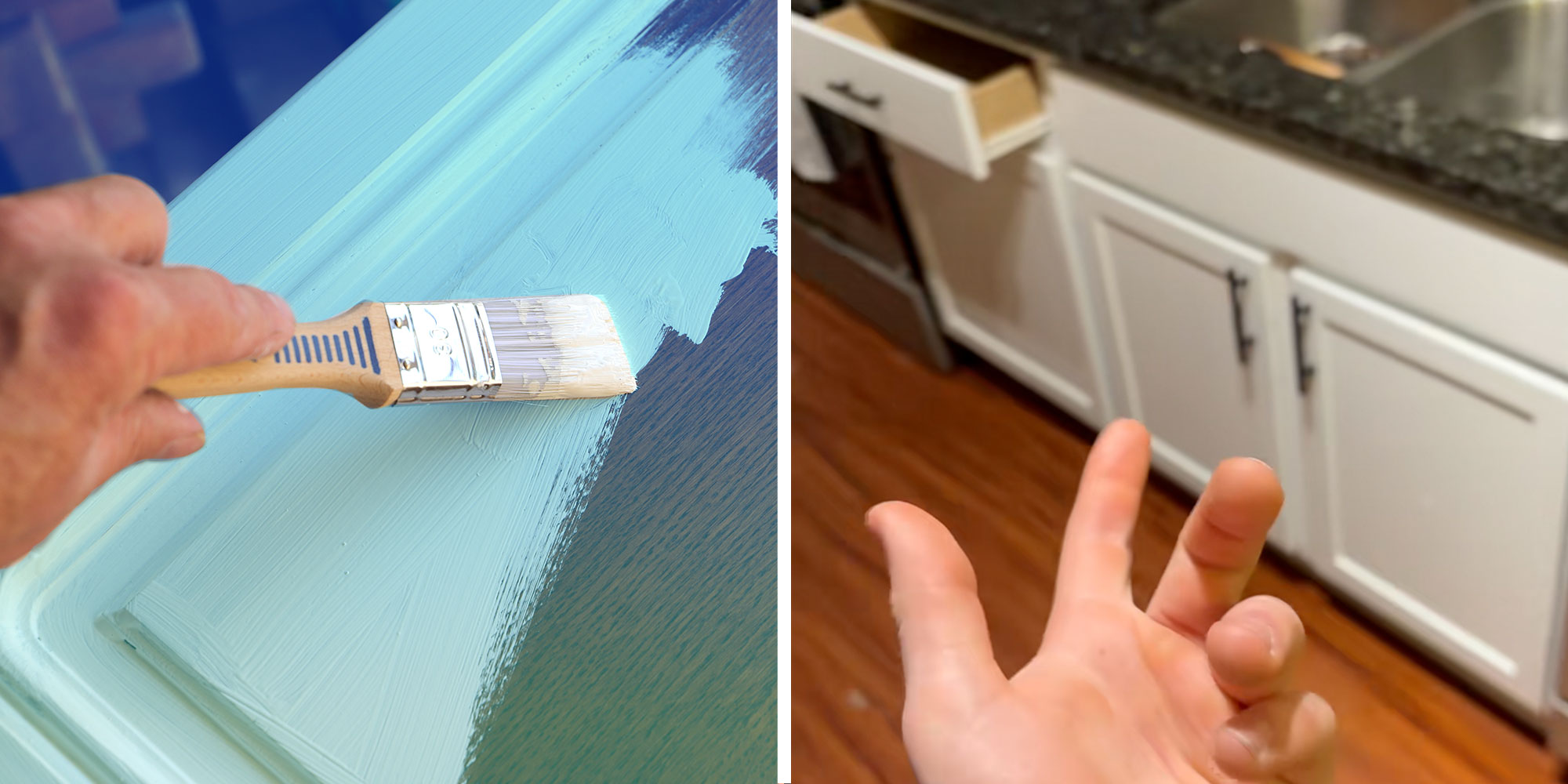 Left: Photo of a hand painting a cabinet door; Right: Screenshot from @12366cs's Tiktok of his hand pointing at his kitchen cabinets.