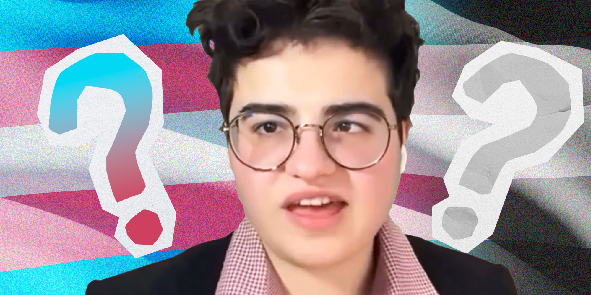 Maia Poet over trans flag fading into black and white