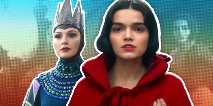 Screenshots from Disney's Official Trailer for Snow White (2025) of Snow White (Rachel Zegler) in a red robe and The Evil Queen (Gal Gadot) with with textured backgrounds of scenes from the movie.