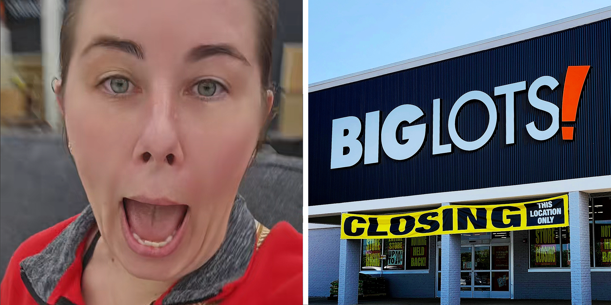Woman sitting on couch, looking extremely surprised, with open mouth, at Big Lots on left. Big Lots storefront with "Closing" sign on right.
