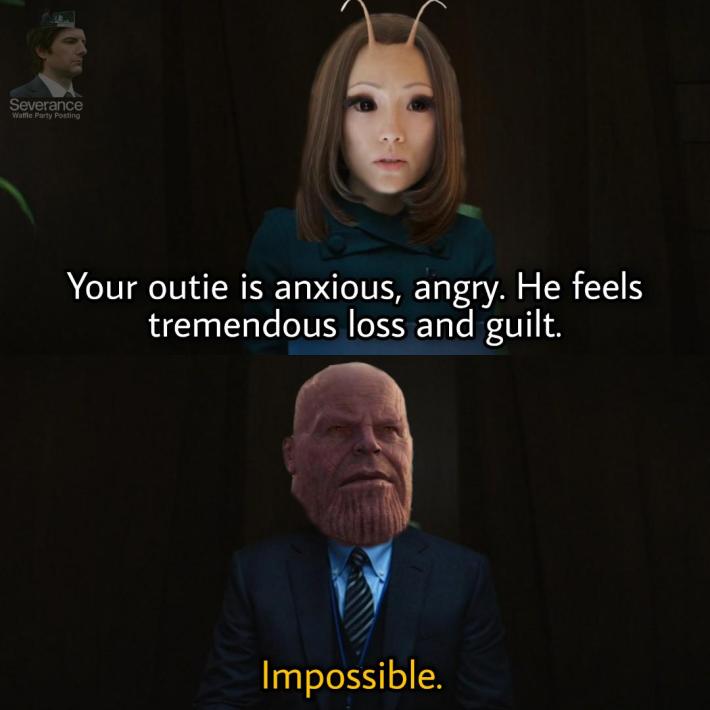 "your outie is anxious, angry, he feels tremendous loss and guilt"