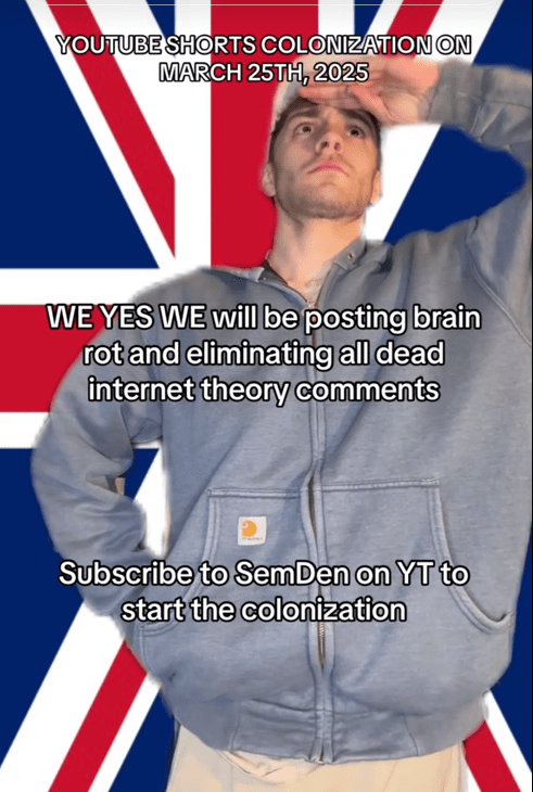 YouTube Shorts colonization TikTok with a man saluting in front of a U.K. flag.