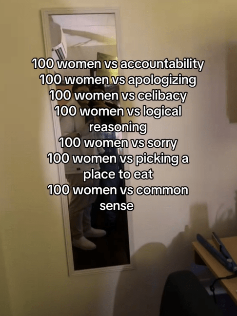 TikTok video with a list of "100 women vs." jokes.