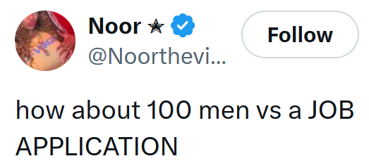 Tweet reading "how about 100 men vs a JOB APPLICATION"