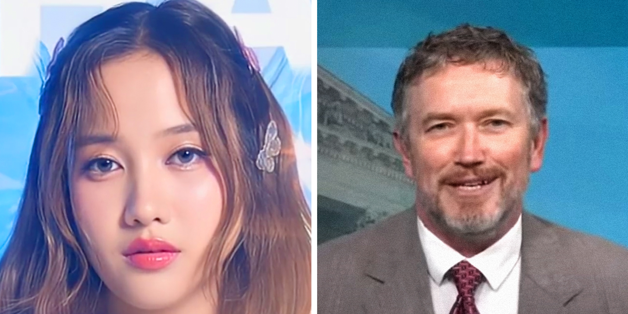 Two panel image with deep fake girl on left and Thomas Massie on right.