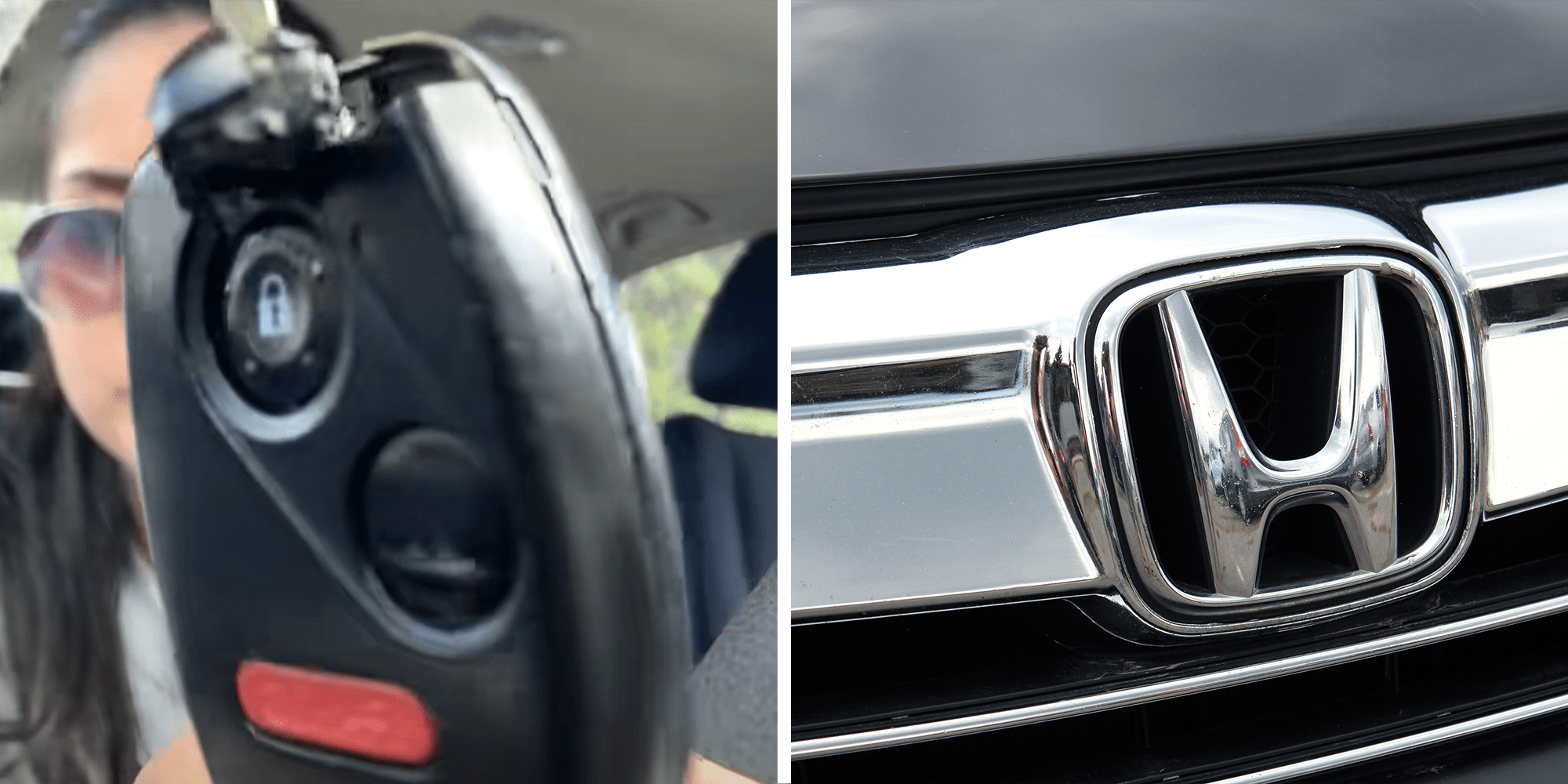 2 image split. Woman sitting in car holding broken key on left. Honda on car on right.