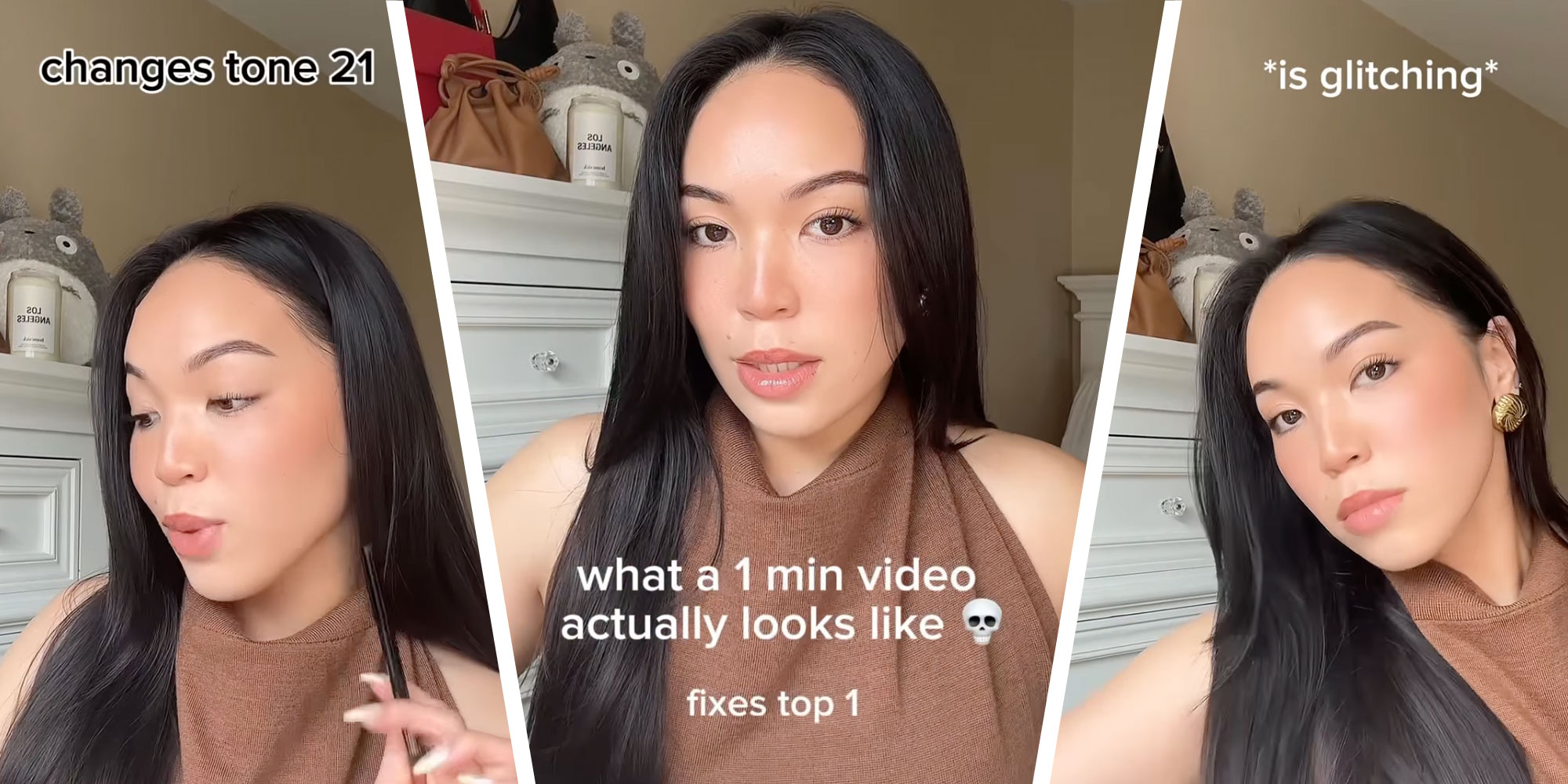 Three screenshots of Instagram user @inspiredmediaco with the captions "changes tone 21", "What a 1 minute video actually looks like [skull emoji]; fixes top 1", and "*is glitching**