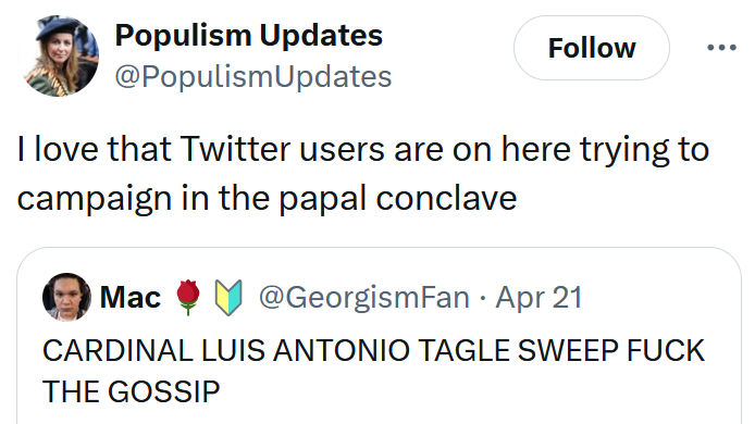 Tweet reading "I love that Twitter users are on here trying to campaign in the papal conclave"