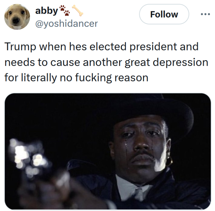 Tweet reading "Trump when hes elected president and needs to cause another great depression for literally no fucking reason" with an image of a man crying while pointing a gun.