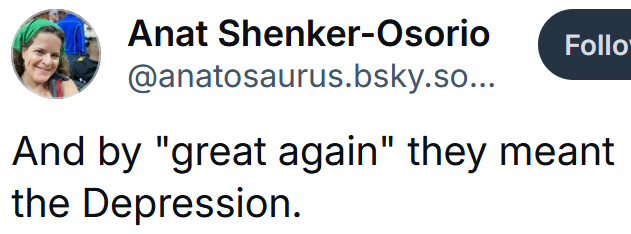 Bluesky post reading "And by "great again" they meant the Depression."