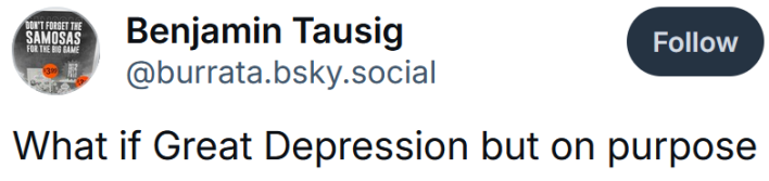 Bluesky post reading "What if Great Depression but on purpose"