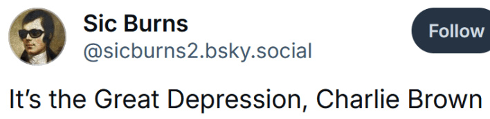 Blueksy post reading "It’s the Great Depression, Charlie Brown"