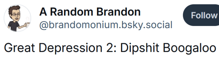 Bluesky post reading "Great Depression 2: Dipshit Boogaloo"