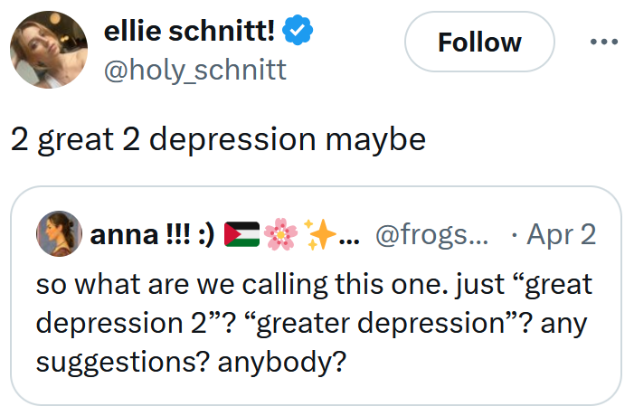 Tweet reading "2 great 2 depression maybe"