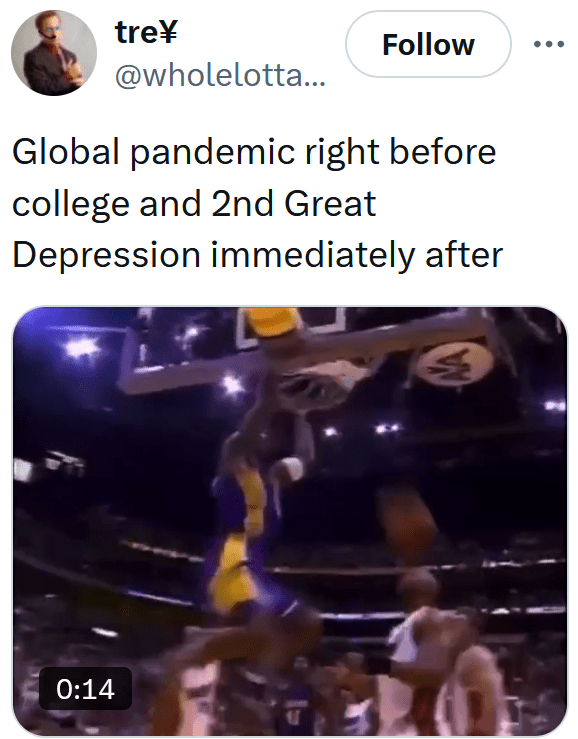Tweet reading "Global pandemic right before college and 2nd Great Depression immediately after" with a clip of basketball players dunking.