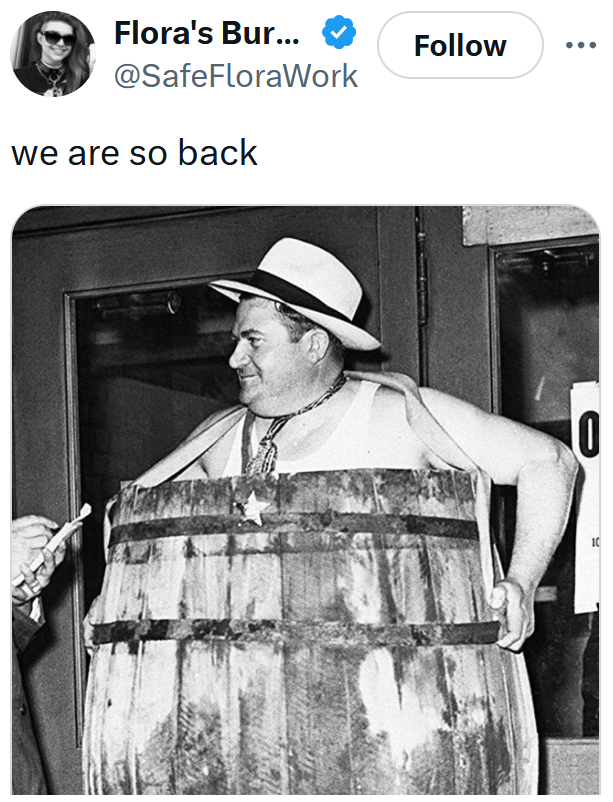 Tweet reading "we are so back" with a photo of a man wearing a barrel.