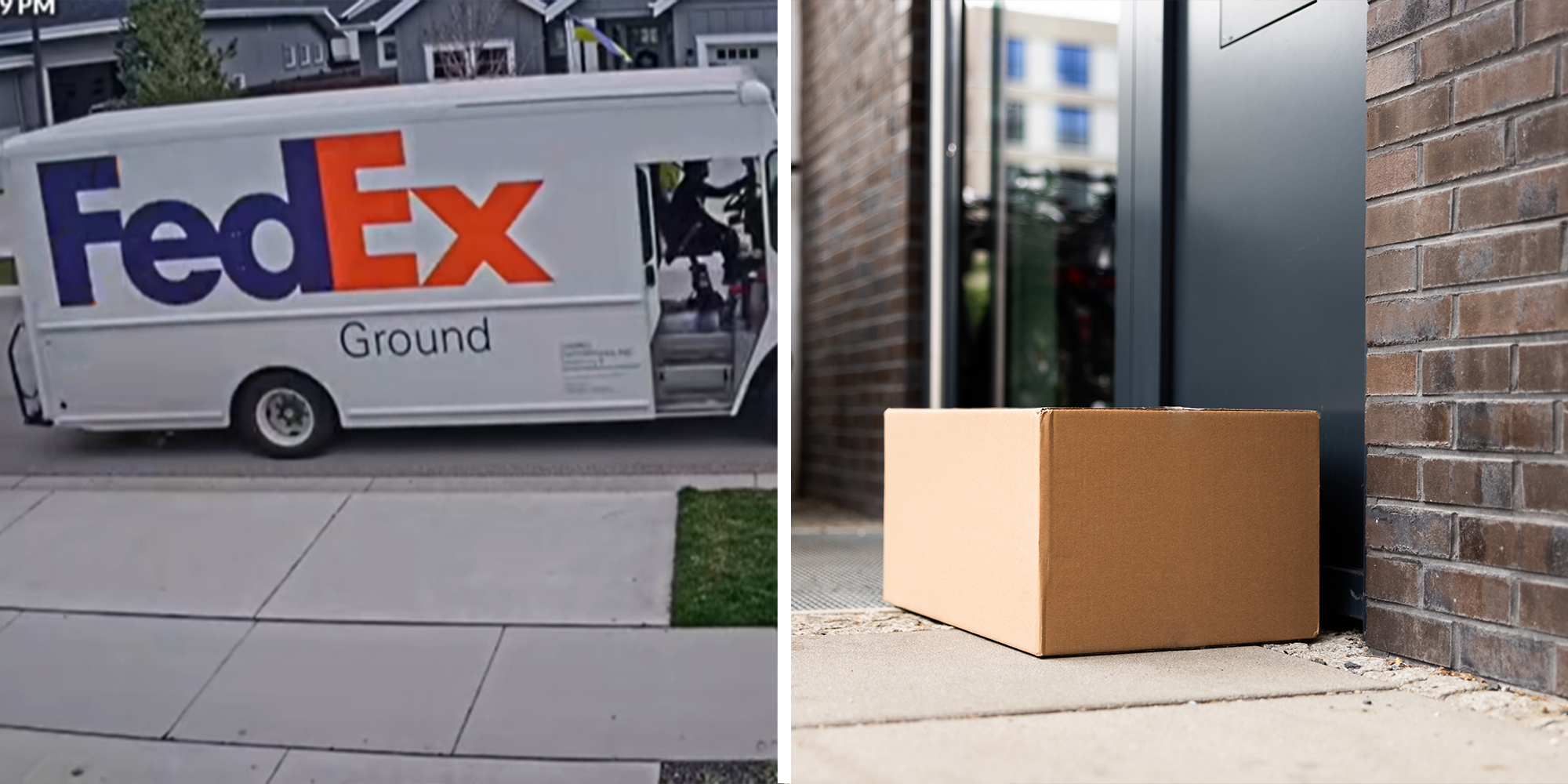 2 image split. Fed Ex truck driving past house delivery on left. Package on doorstep.