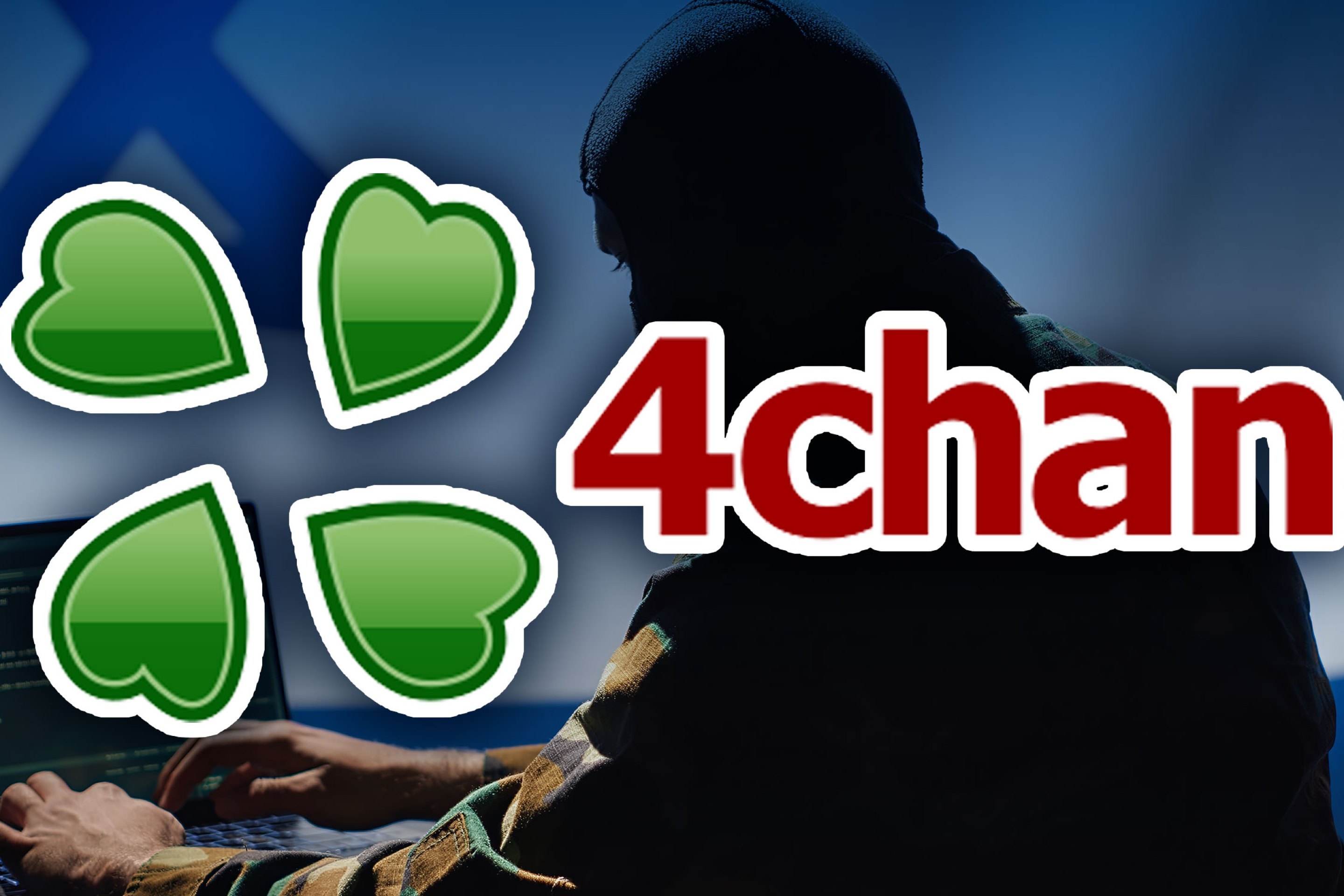 The 4chan logo over an image of an Israeli spy on a laptop.