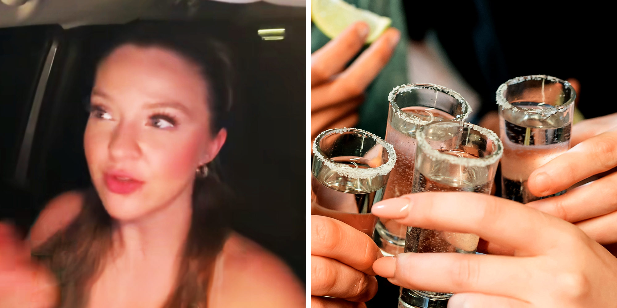 Girl panicking, 4 hands cheering a shot of tequila