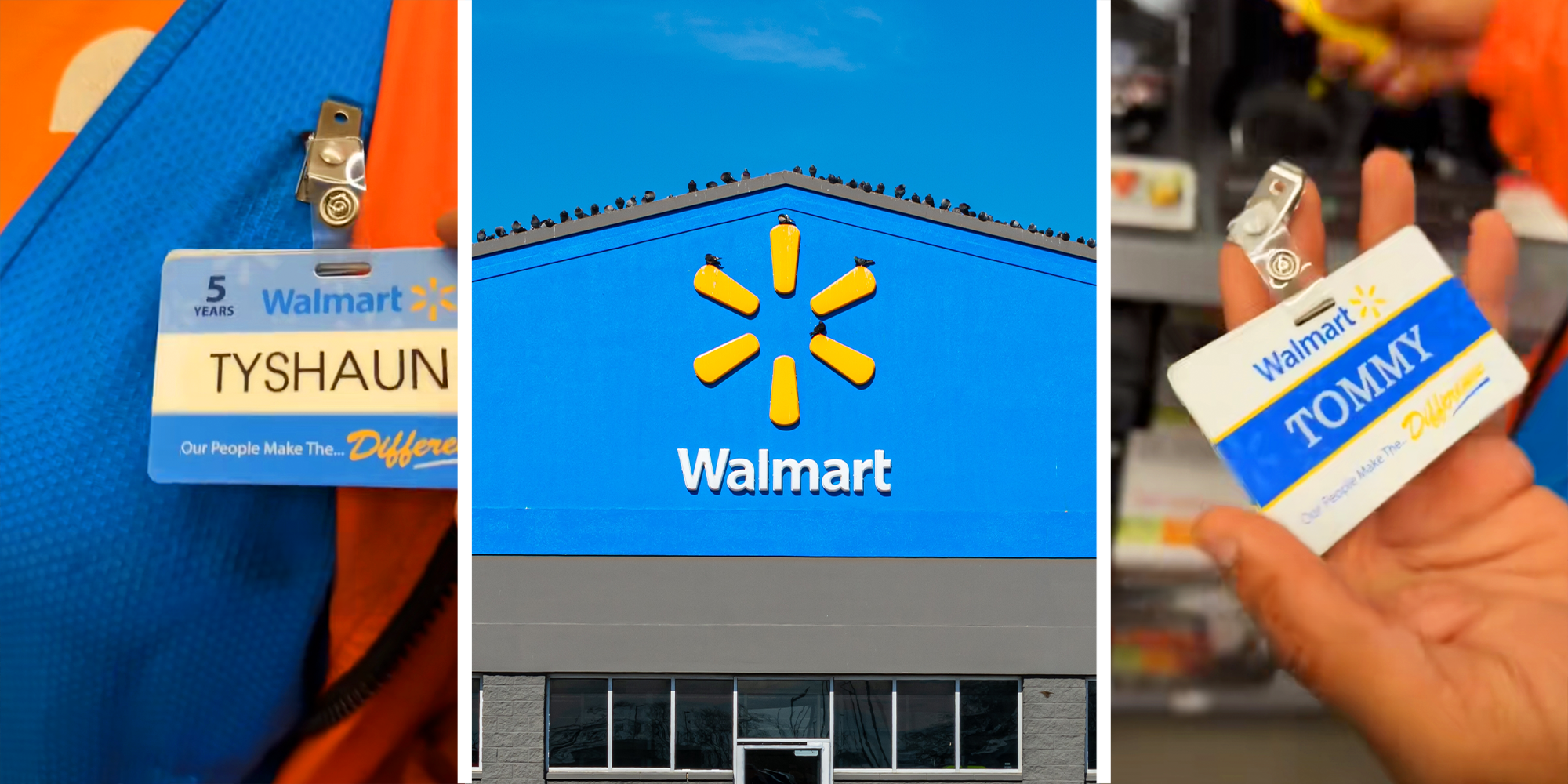 Warmart employee with name tag, bright blue Walmart signage