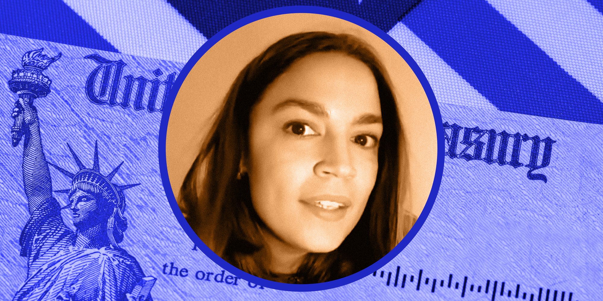 photo collage of Alexandria Ocasio Cortez and a social security check.