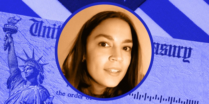 photo collage of Alexandria Ocasio Cortez and a social security check.
