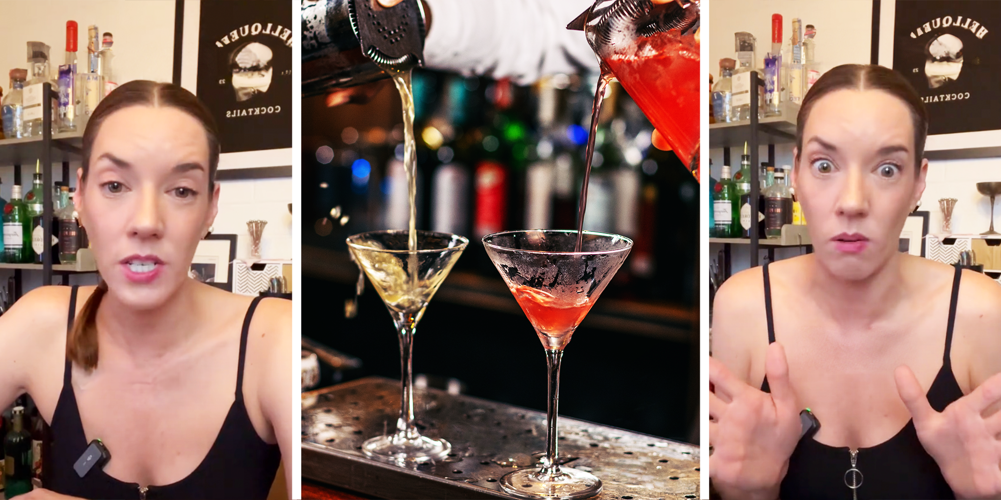 Women with pony tail, two glass of cocktail being poured at the bar