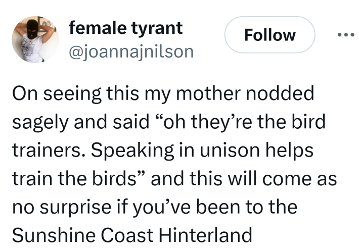Tweet reads, "On seeing this my mother nodded sagely and said 'oh they’re the bird trainers. Speaking in unison helps train the birds' and this will come as no surprise if you’ve been to the Sunshine Coast Hinterland"