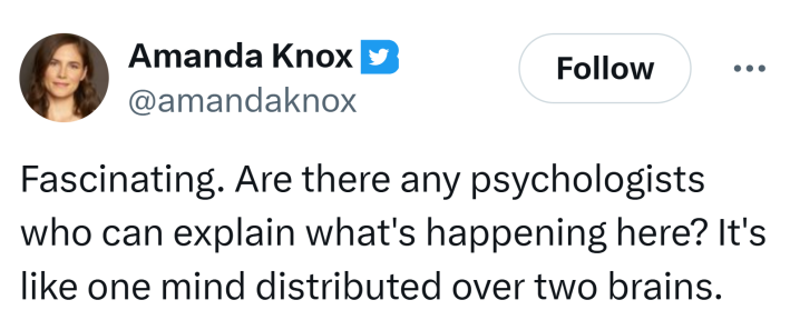 Tweet that reads, "Fascinating. Are there any psychologists who can explain what's happening here? It's like one mind distributed over two brains."