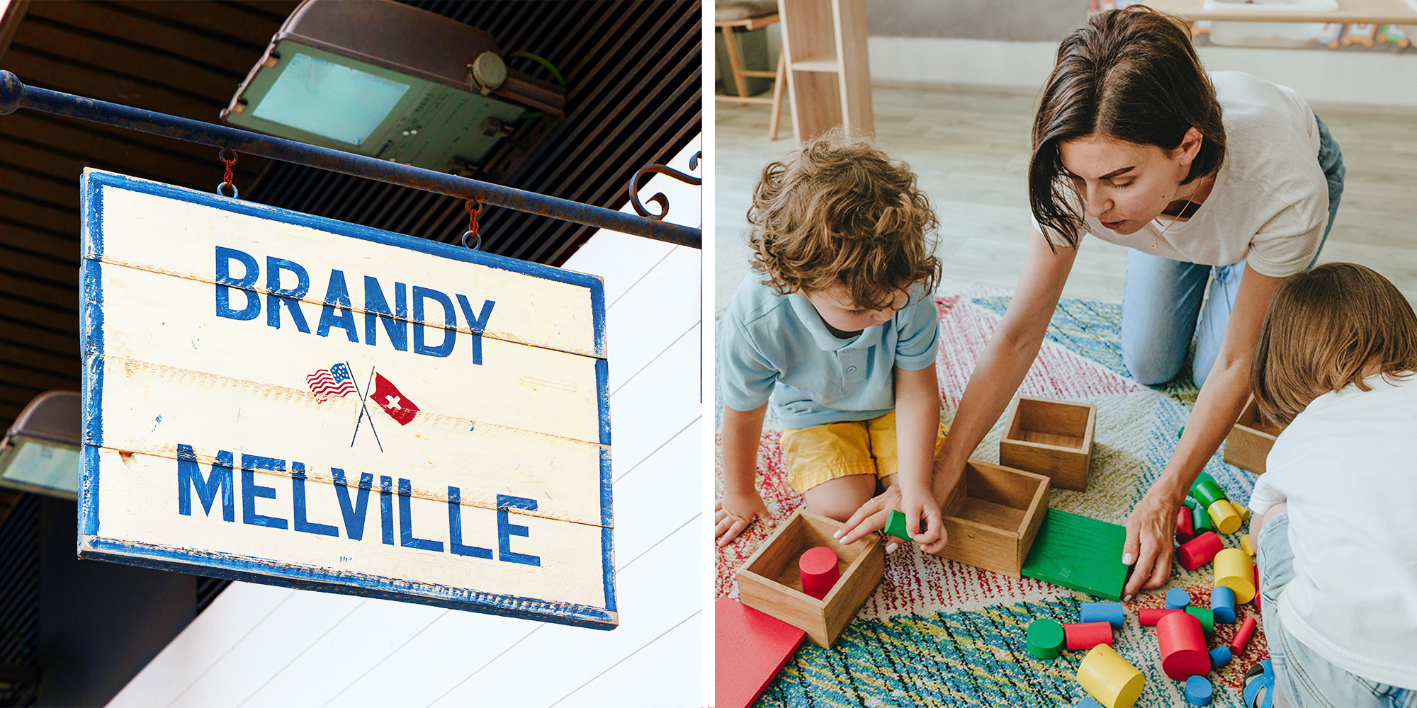 Wooden Brandy Melville Signage, and Baby sitter playing with kids