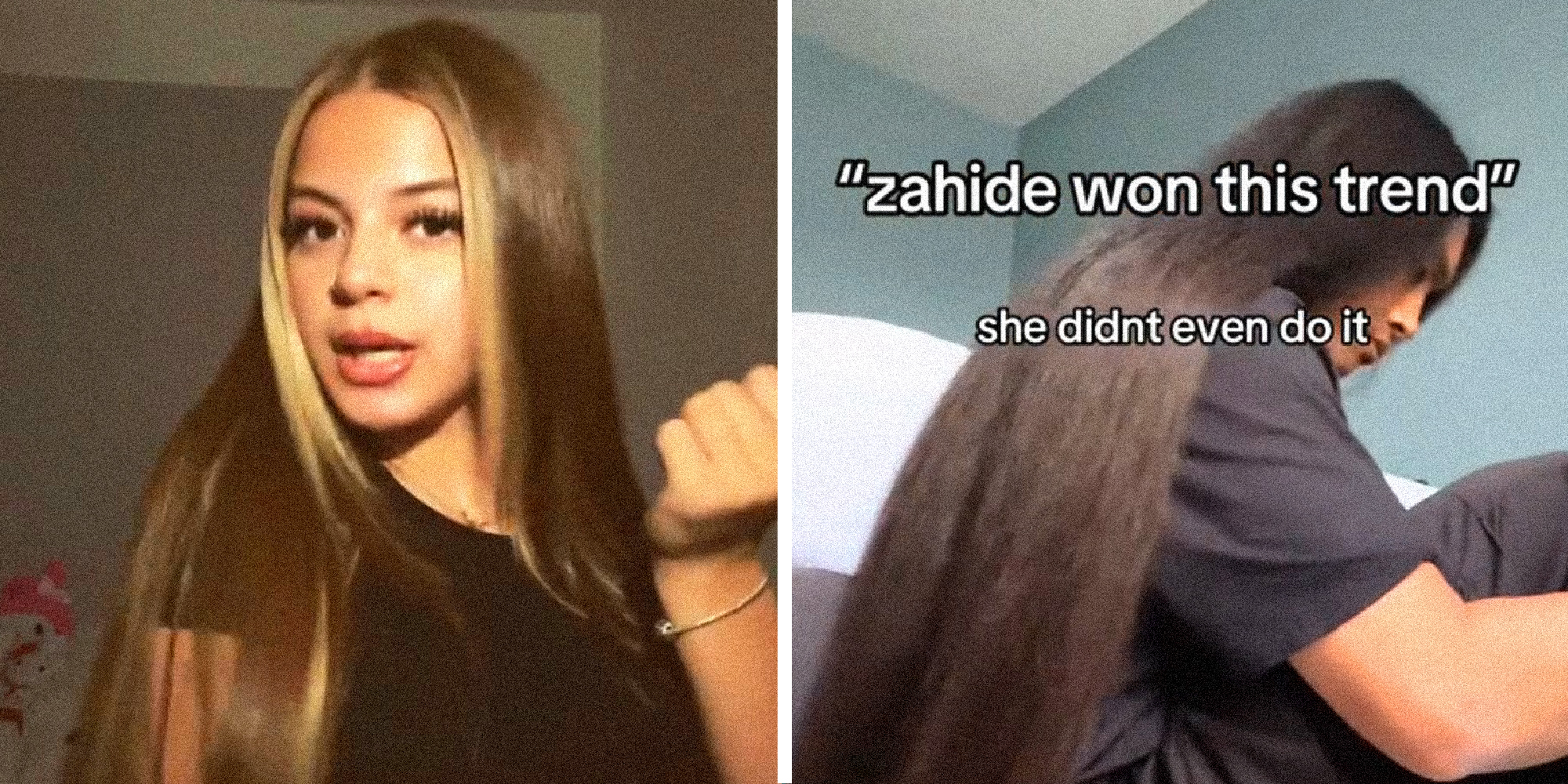 2 panel image of Zahide the influencer and a person with long hair and the text over: Zahide won this trend. (she didn't even do it)