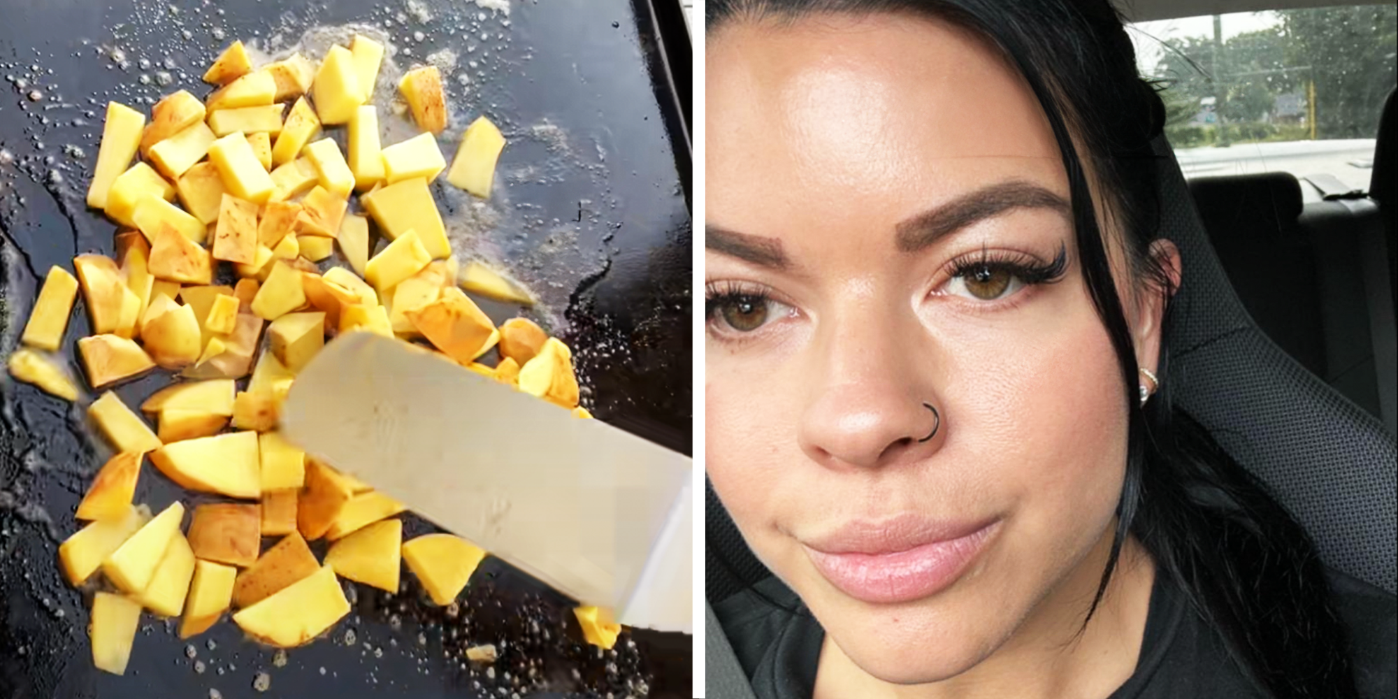 Golden potatoes on Blackstone Grill, and woman in her car