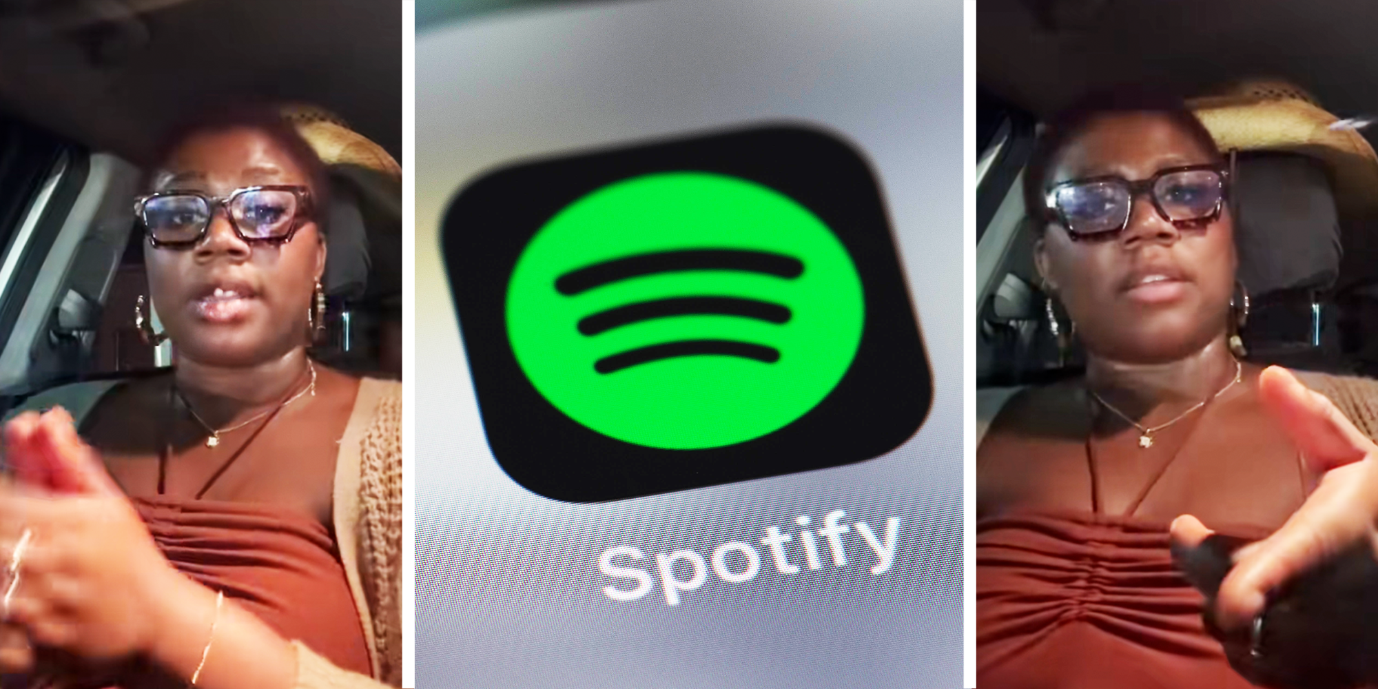 Women with glasses and orange halter top, Green and Black Spotify app