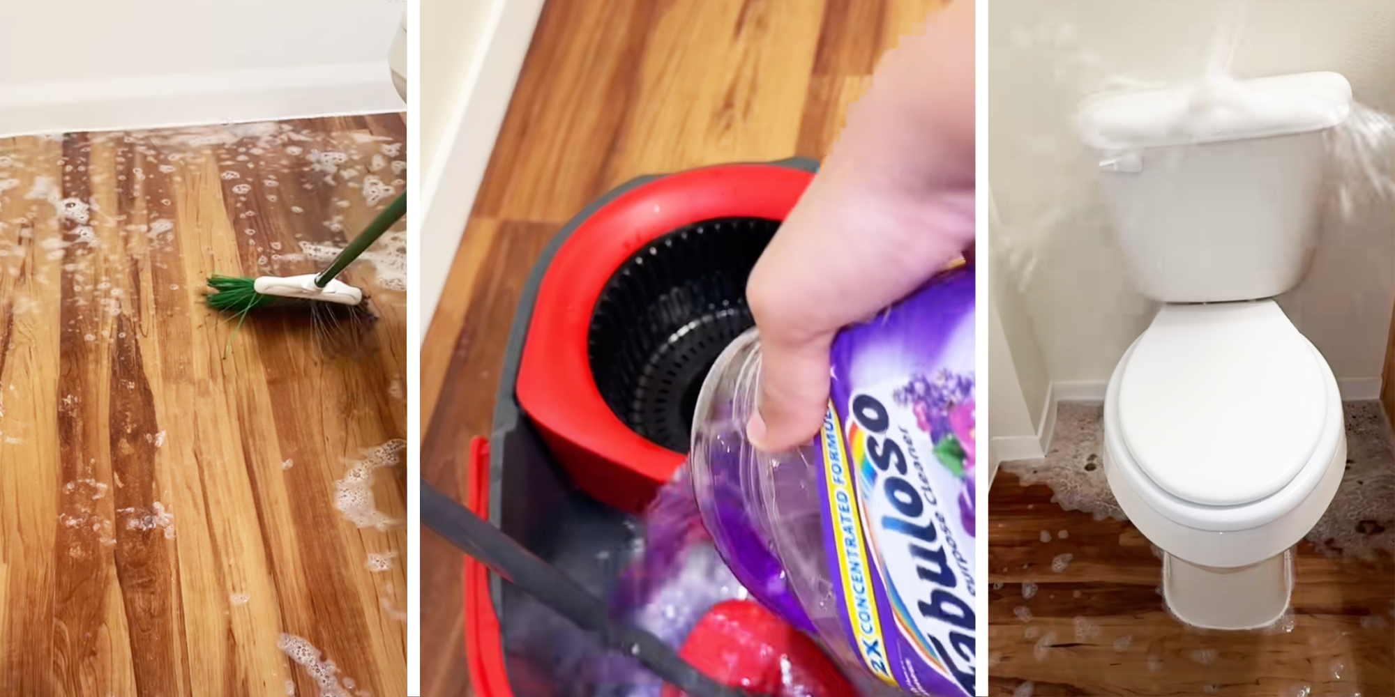 Women cleans the bathroom with hardwood floor, ends up needing to replace the whole floor due to mold