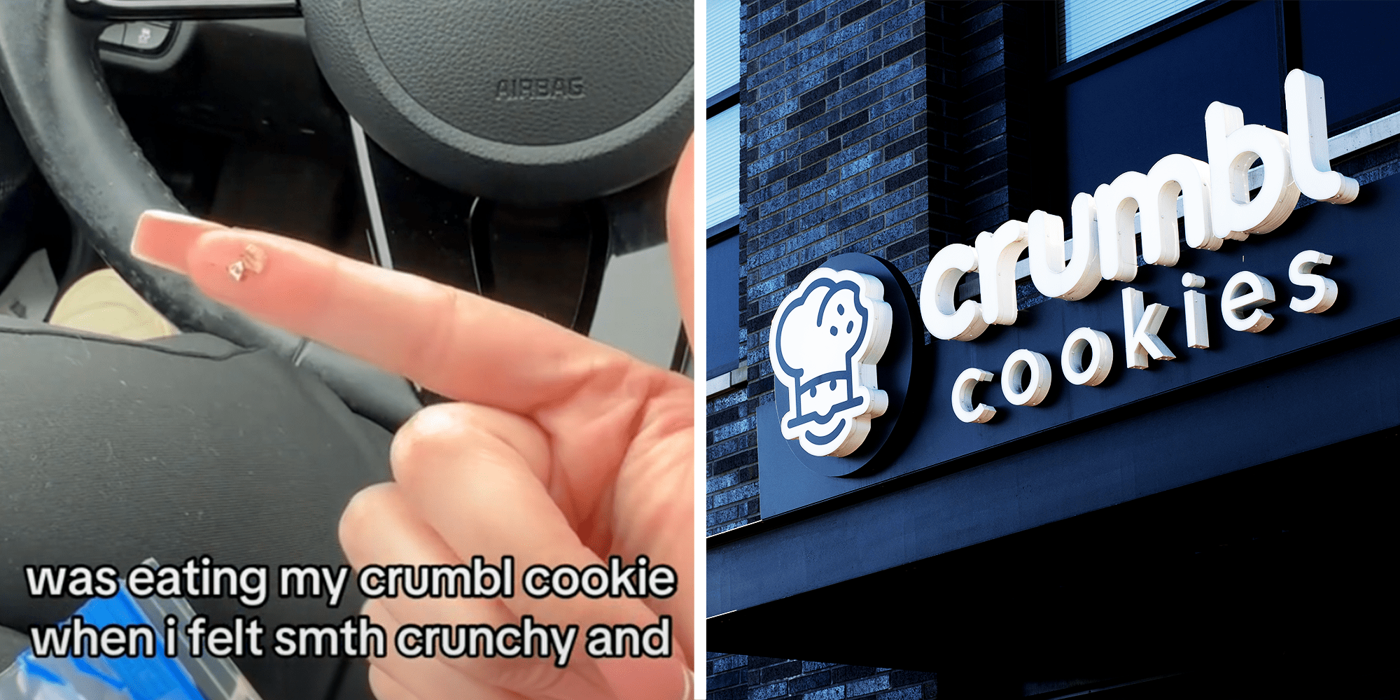 Women in the car pointing finger, Black Crumbl Cookies Signage