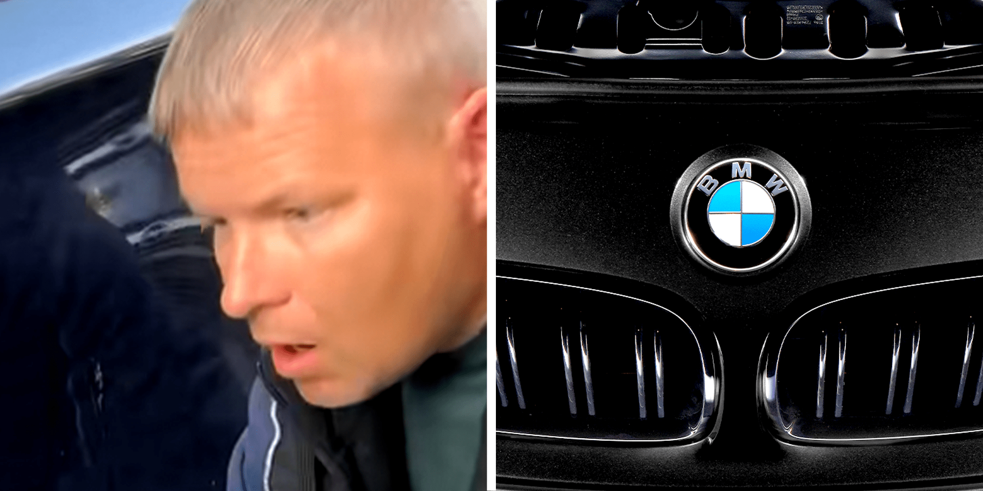 Man jaw dropped in front of his car, Bmw logo