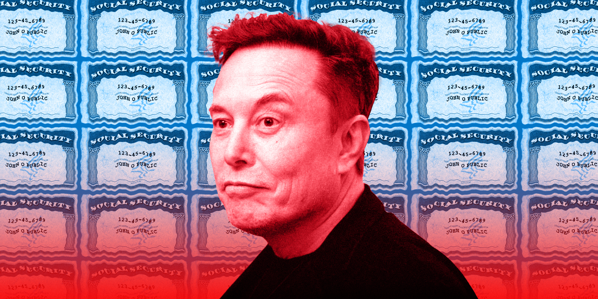 photo collage of Elon Musk in front of a wall of United States social security cards.
