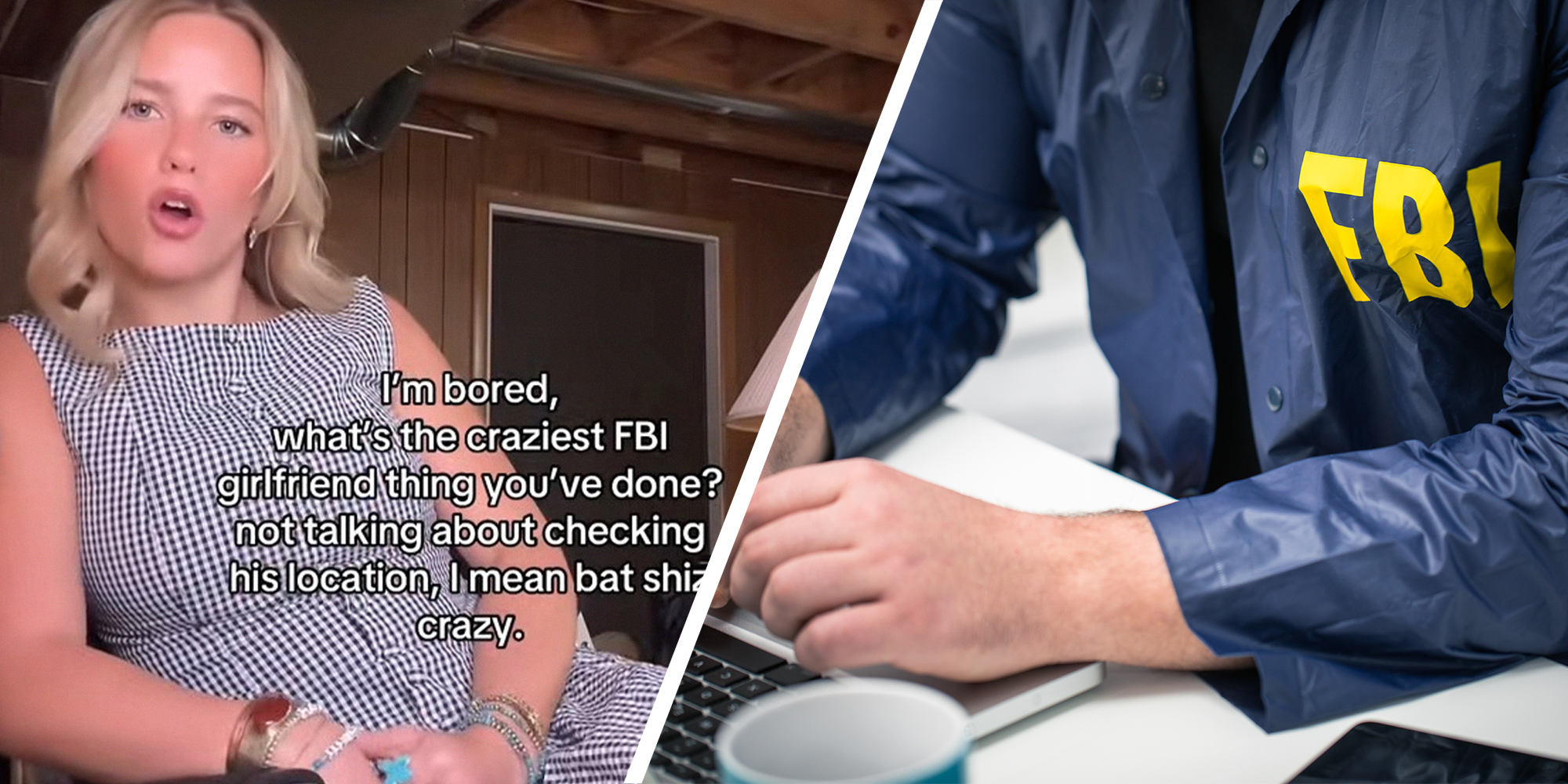 woman asks question through tiktok platform(l) Person wearing FBI jacket while using their laptop(r)