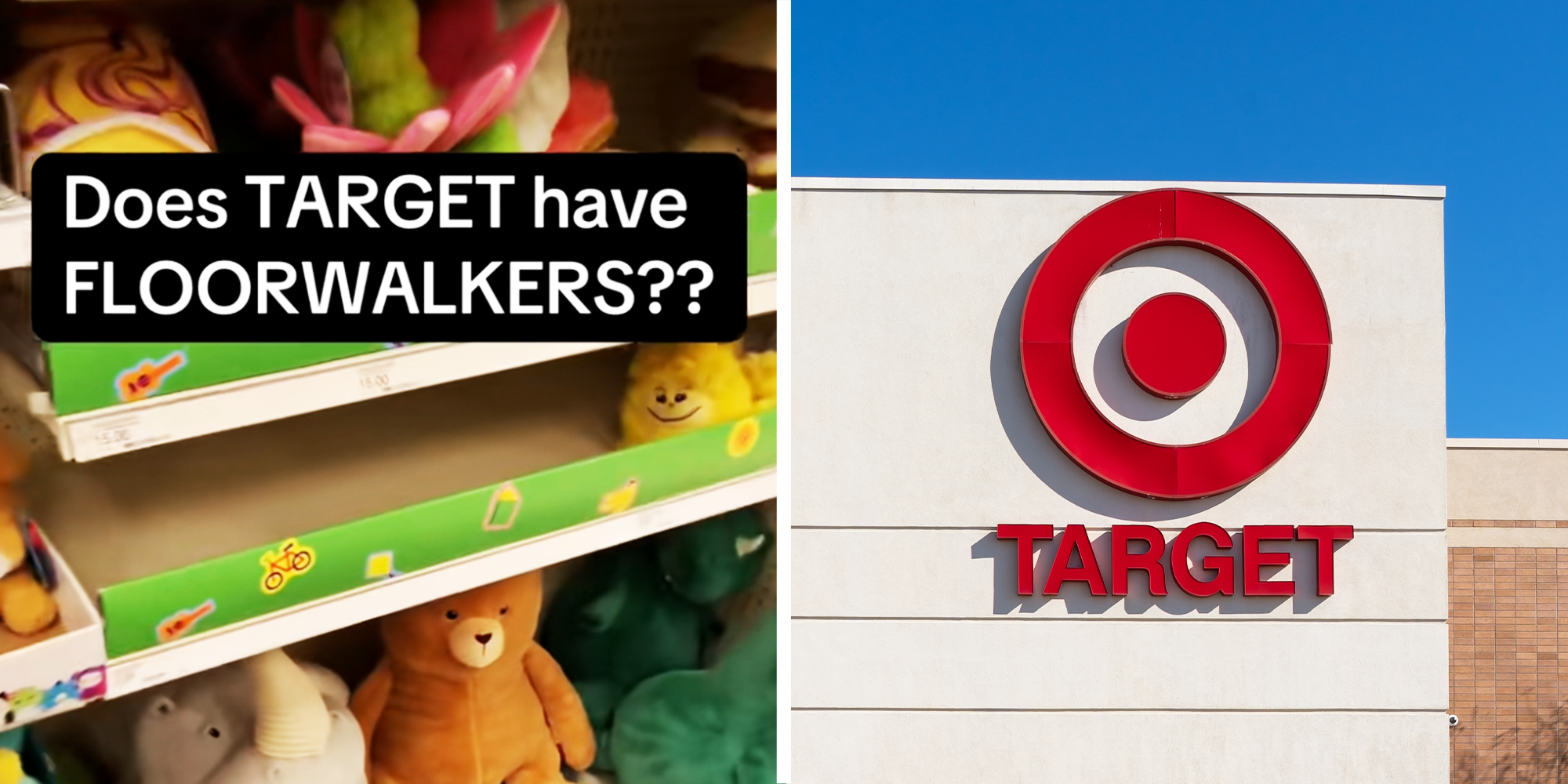Stuffed animals lined up with caption title, Red Target store Signage