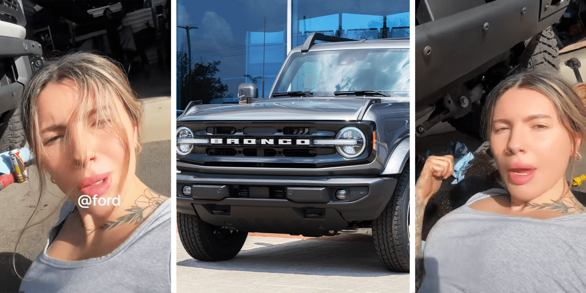 Annoyed Women Laying under her car, Ford Bronco, and same annoyed women pointing at Ford Bronco