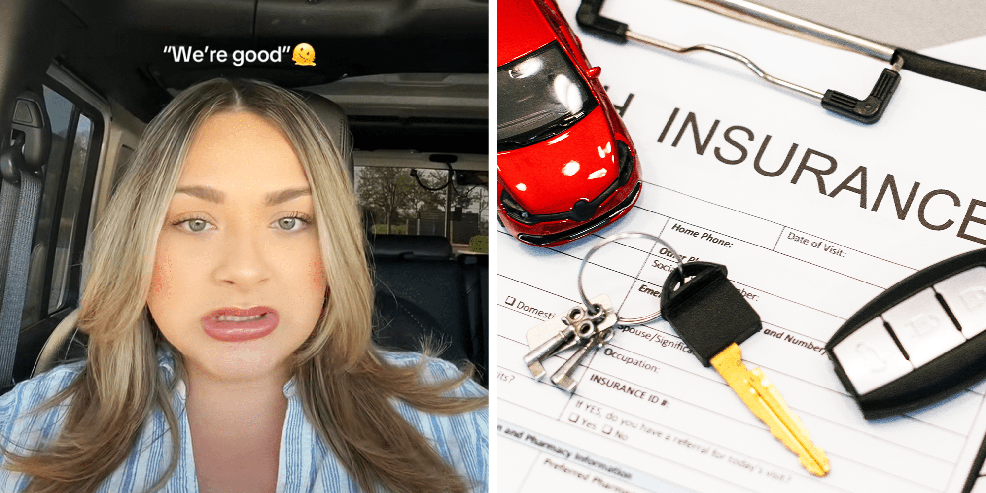 Women shocked, Red toy car, car keys on top of insurance papaer