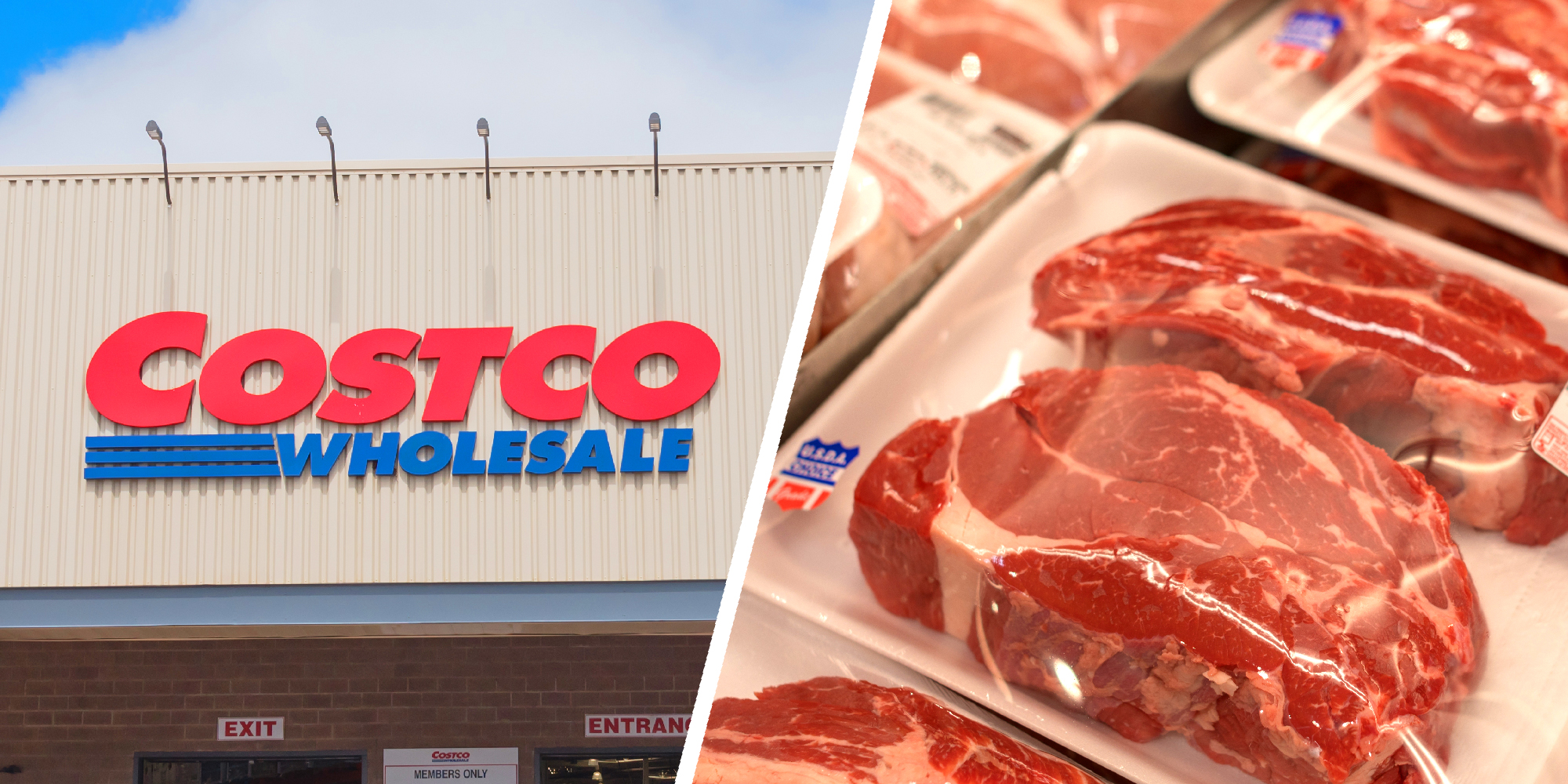2 panel image: A Costco store and a package of meat in a store display.